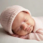 "Newborn baby sleeping in a printed organic cotton swaddle blanket held by mom in a modern bright nursery rocking chair surrounded by newborn essentials."